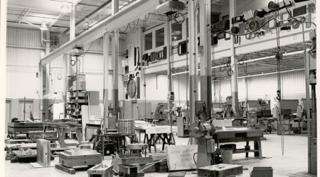 A black and white image of what Canadian Mould Maker Cavalier Tool's Plant used to look like. You cans see three old Machine Centres lined up in the old machining department.